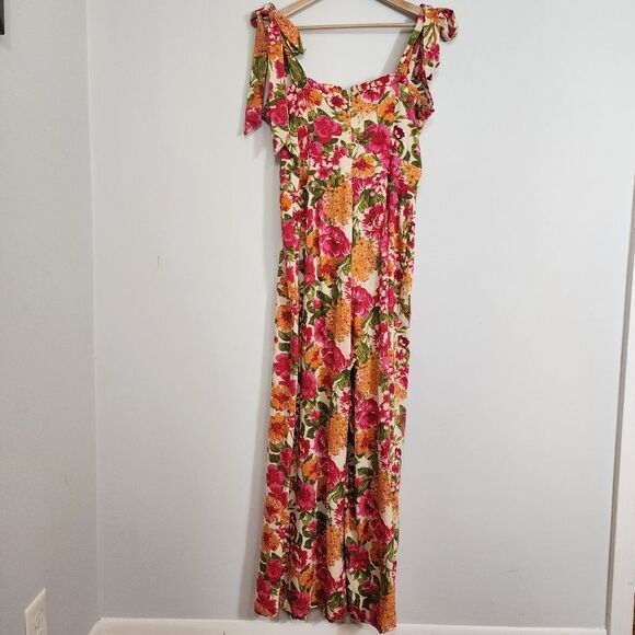 Flying Tomato Bonfire Weekends Linen Cotton Floral Wide Leg Jumpsuit Size Large - Picture 2 of 16